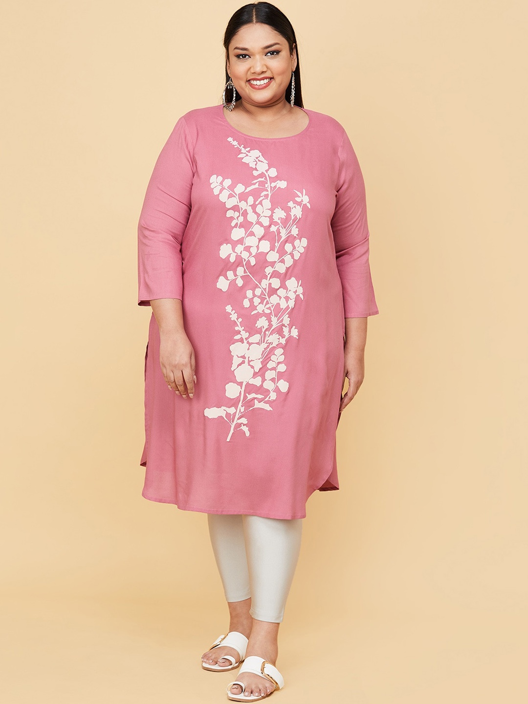 

max Women Plus Size Pink Floral Printed Kurta
