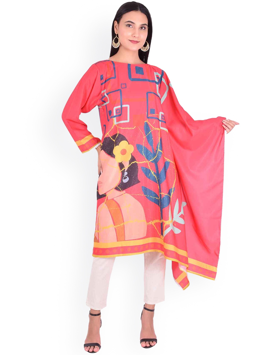 

YELLOW PARROT Women Red Printed Flared Sleeves Kurta