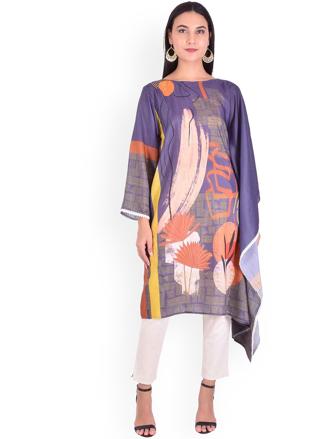 

YELLOW PARROT Women Purple & Pink Floral Printed Flared Sleeves Kurta