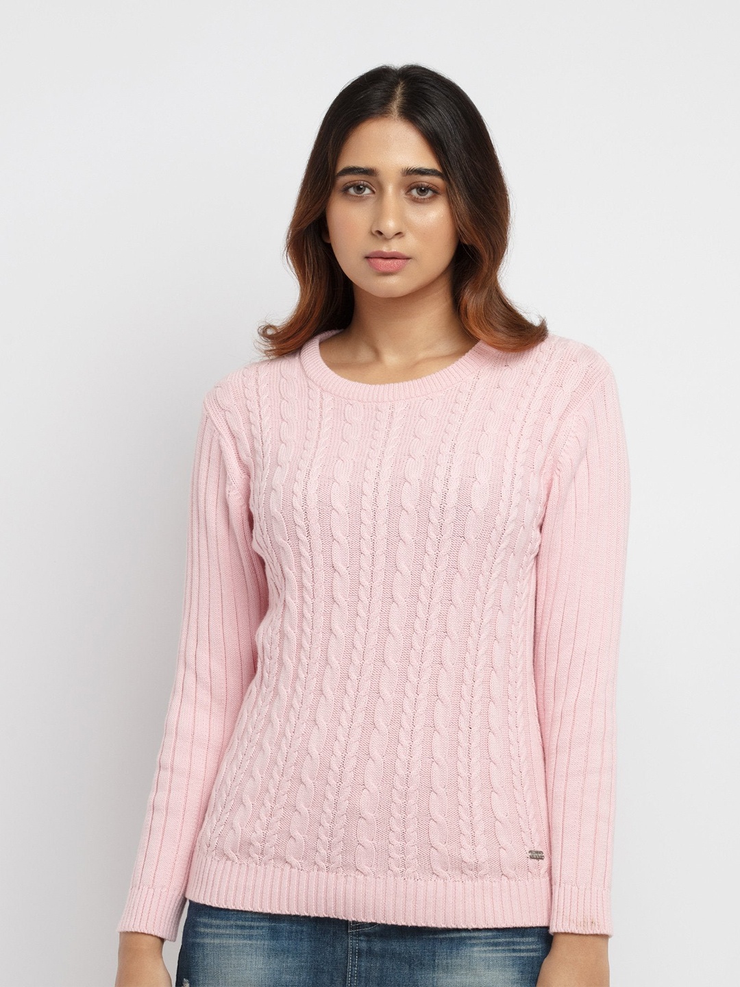 

Status Quo Women Pink Cable Knit Cotton Pullover Sweater