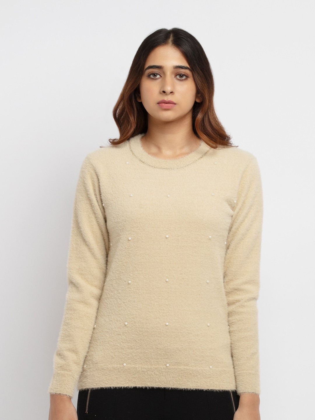 

Status Quo Women Beige & White Embroidered Pullover with Embellished Detail
