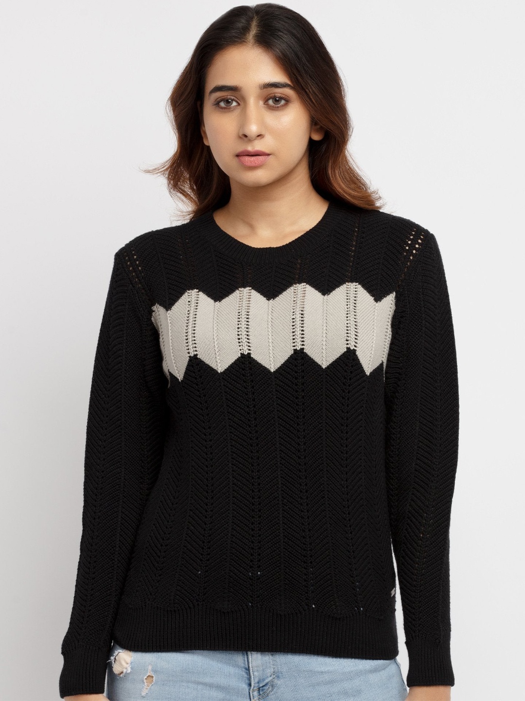 

Status Quo Women Black & Grey Open Knit Cotton Pullover