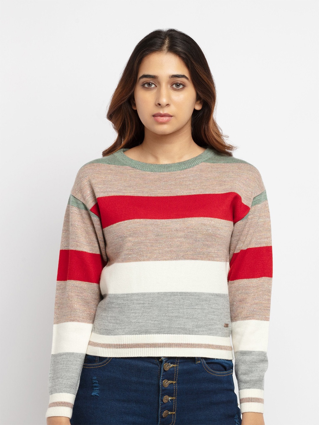 

Status Quo Women Green & Red Striped Pullover