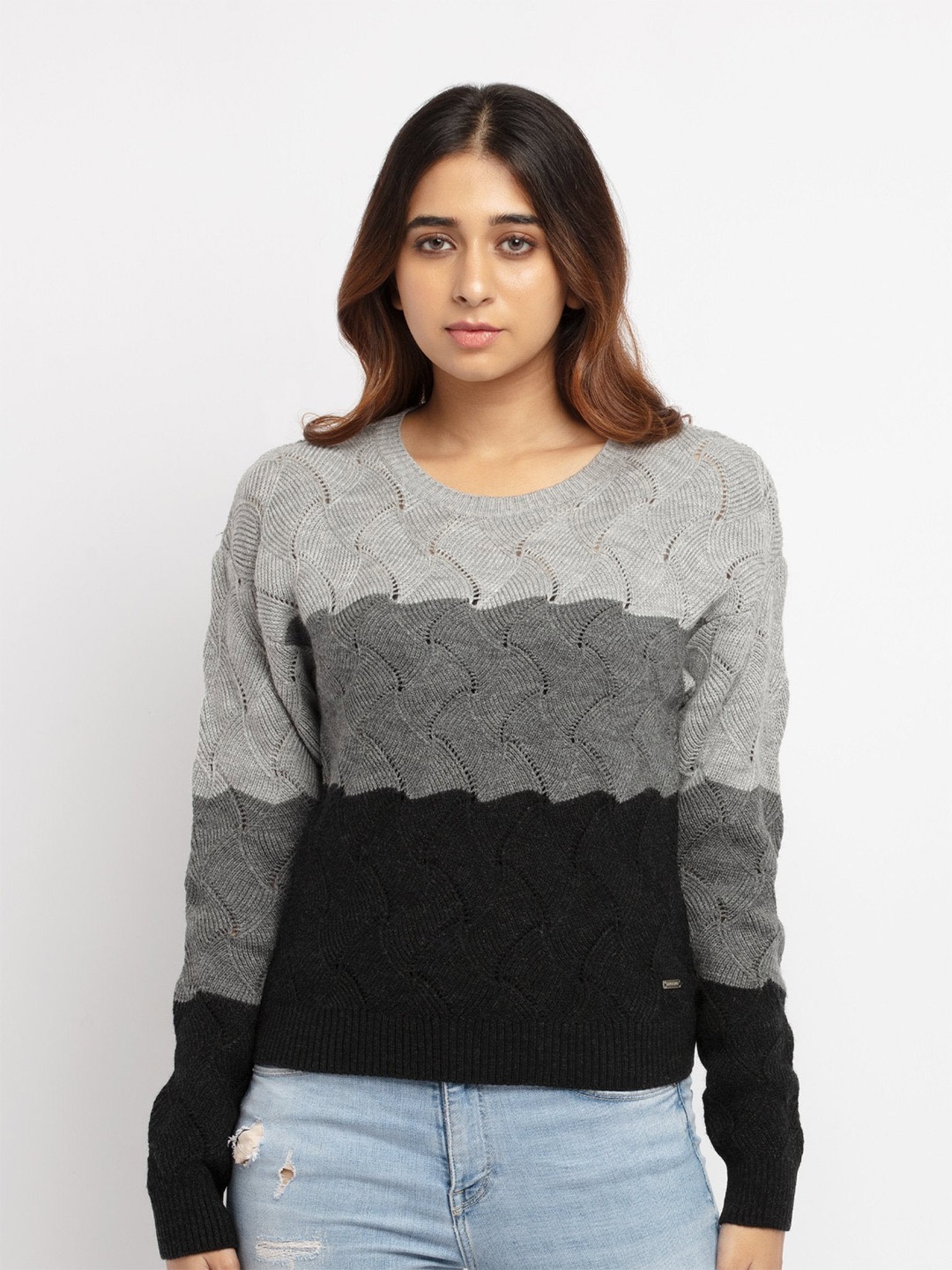 

Status Quo Women Grey & Black Cable Knit Colourblocked Pullover