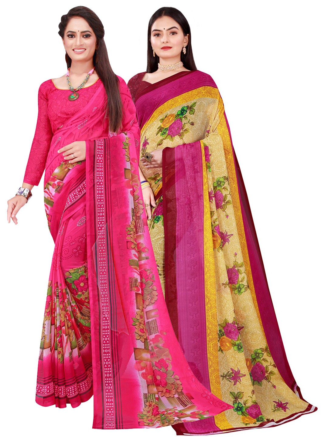 

KALINI Pack Of 2 Pink & Yellow Floral Georgette Saree