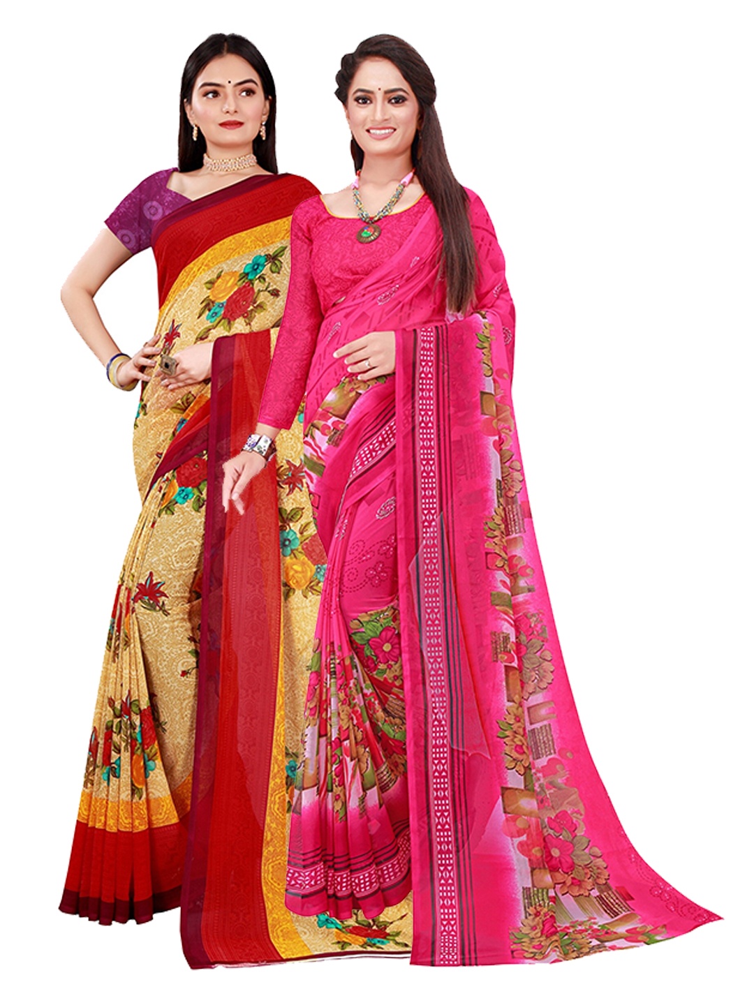 

KALINI Pink & Red Set of 2 Printed Georgette Saree