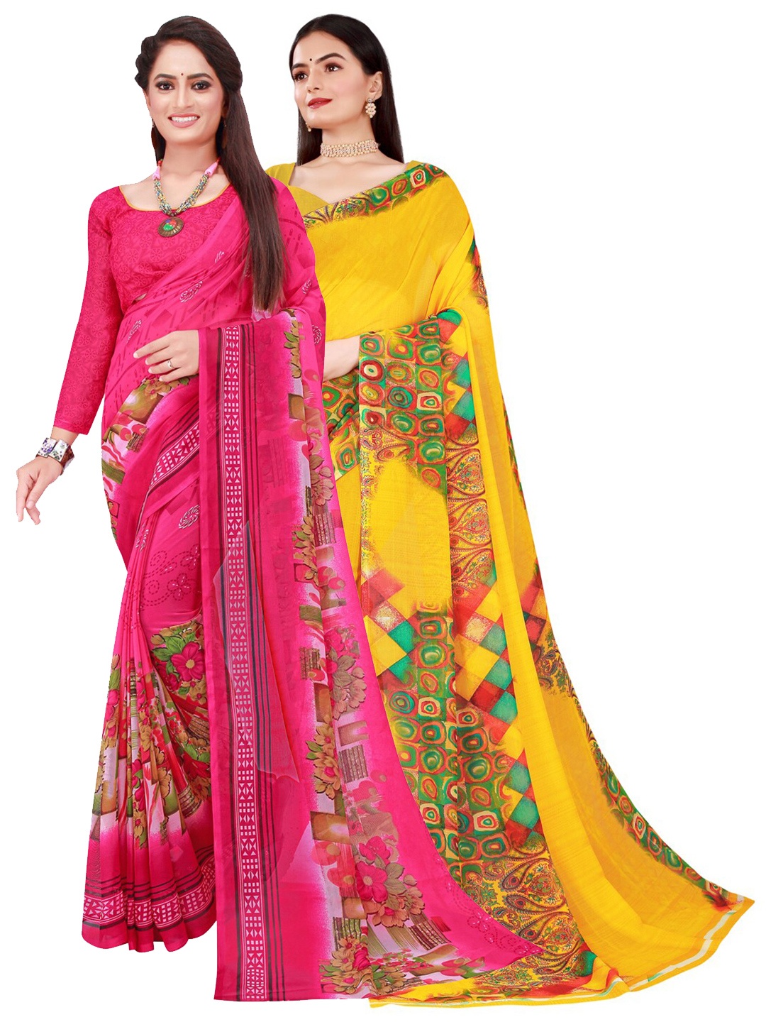 

KALINI Pack of 2 Printed Pure Georgette Sarees, Pink