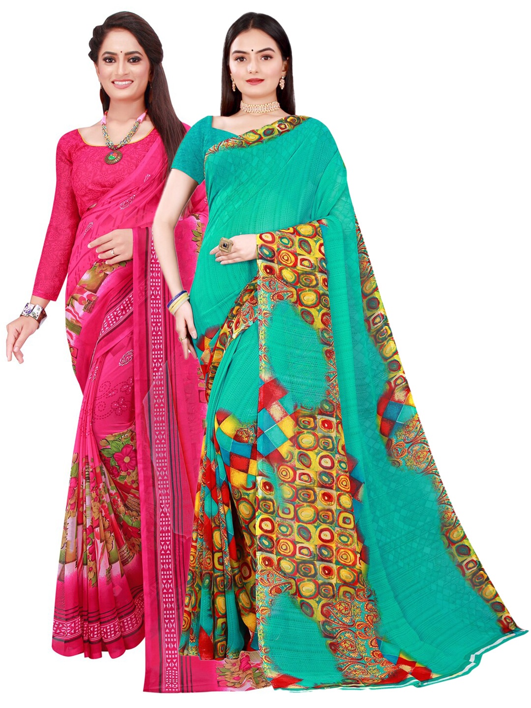 

KALINI Pack of 2 Pink & Teal Green Floral Pure Georgette Sarees