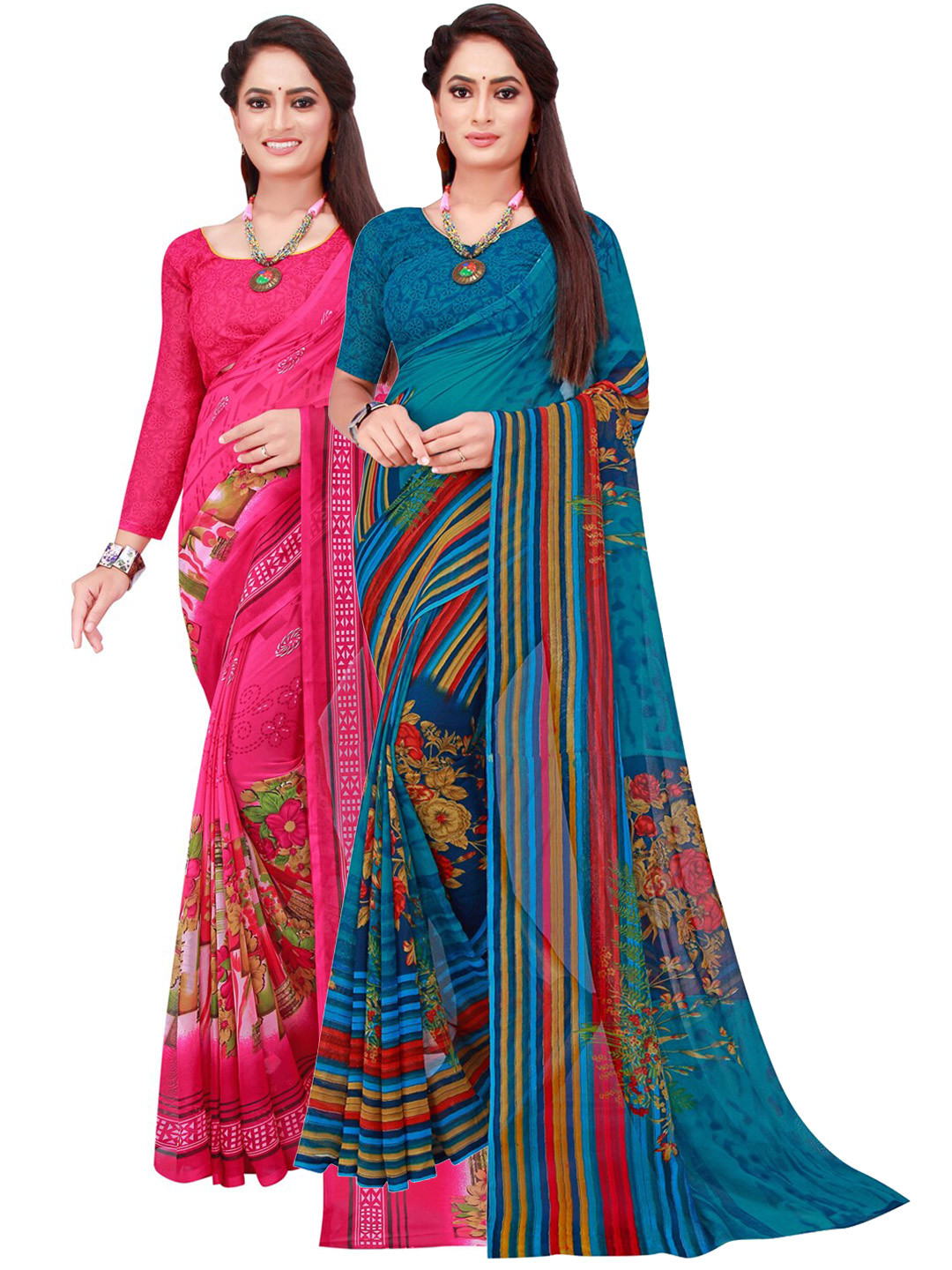 

KALINI Pack Of 2 Pink & Blue Pure Georgette Saree