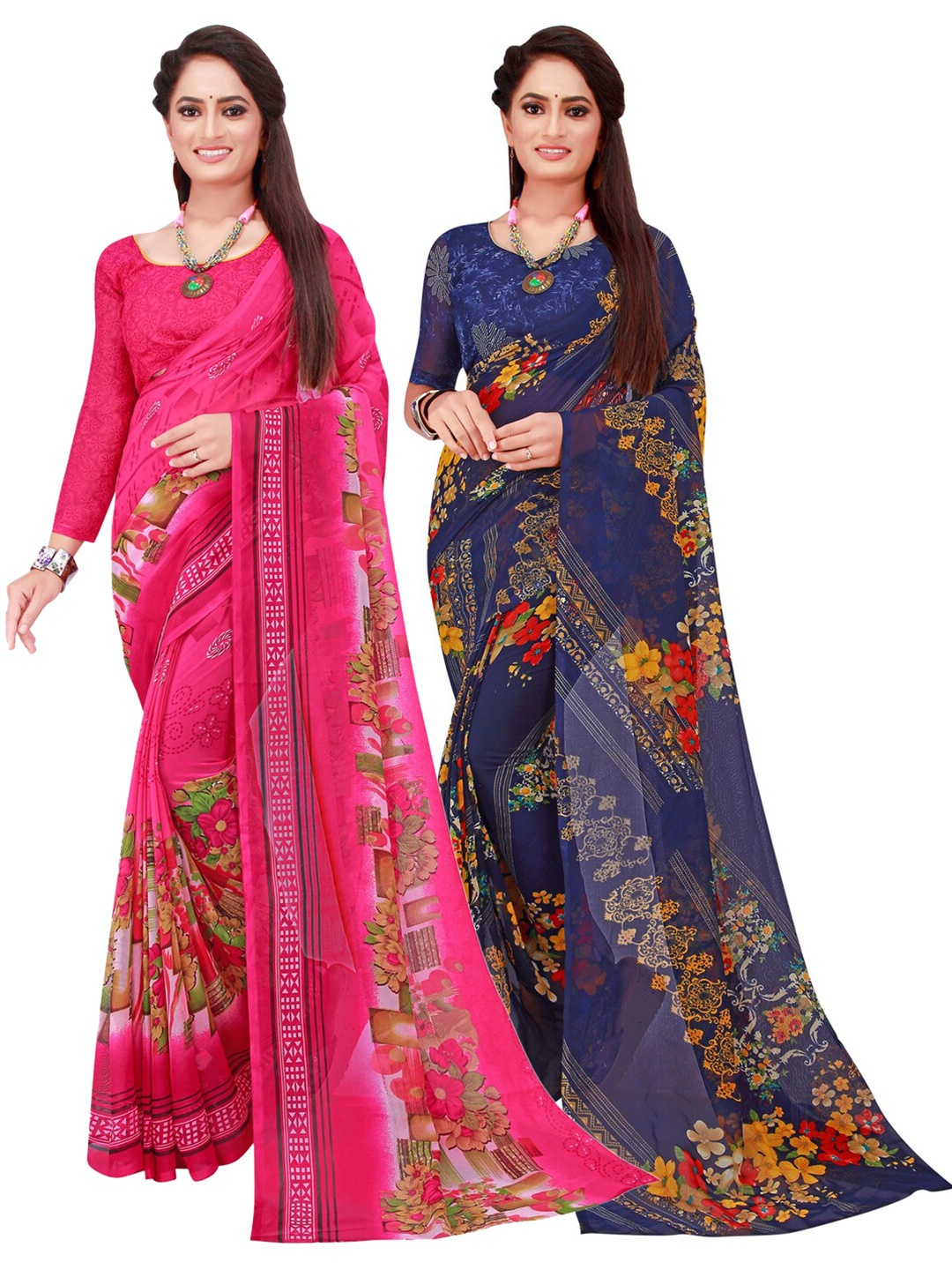 

KALINI Pack Of 2 Pink & Blue Floral Pure Georgette Saree