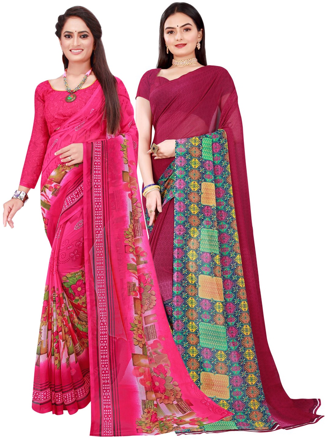 

KALINI Pink & Purple Set of 2 Pure Georgette Saree