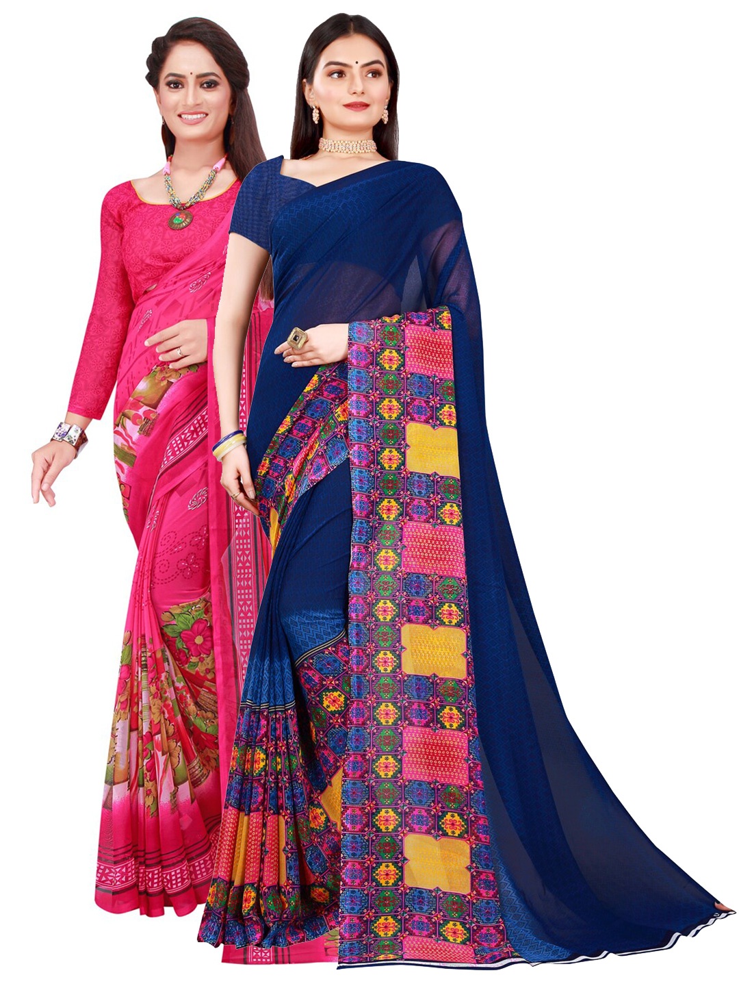 

KALINI Pack of 2 Pink & Blue Printed Pure Georgette Saree