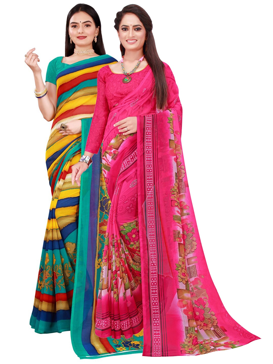 

KALINI Pack Of 2 Pink & Blue Pure Georgette Saree