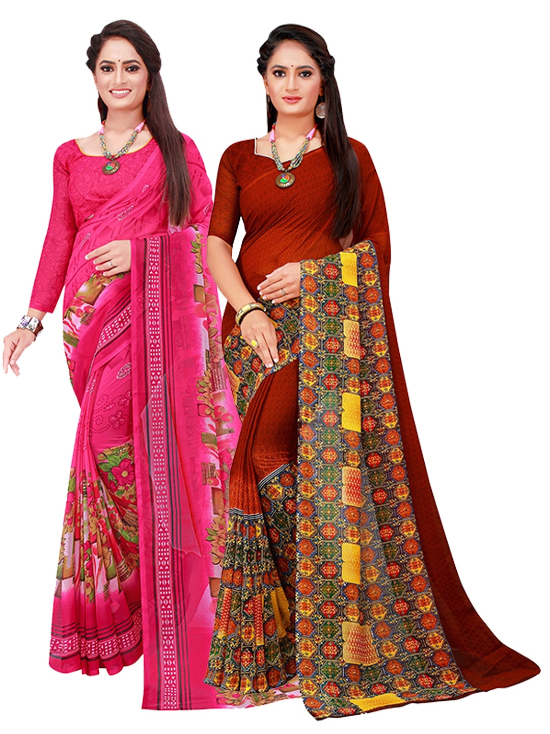 

KALINI Pink & Brown Set of 2 Pure Georgette Saree