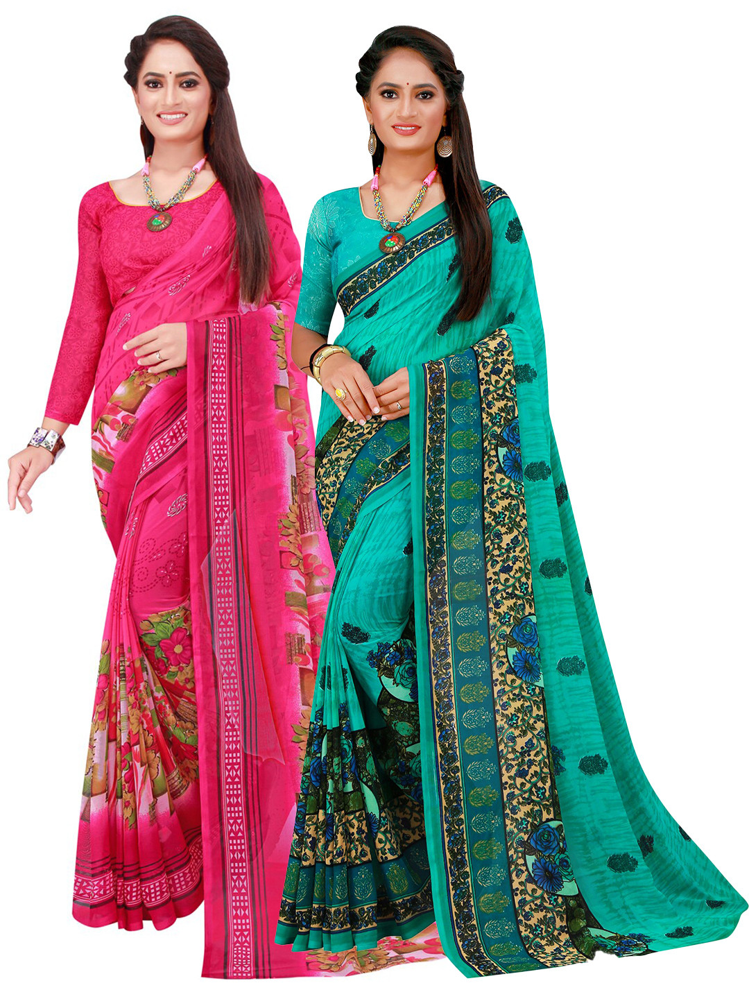 

KALINI Pack of 2 Floral Pure Georgette Sarees, Pink