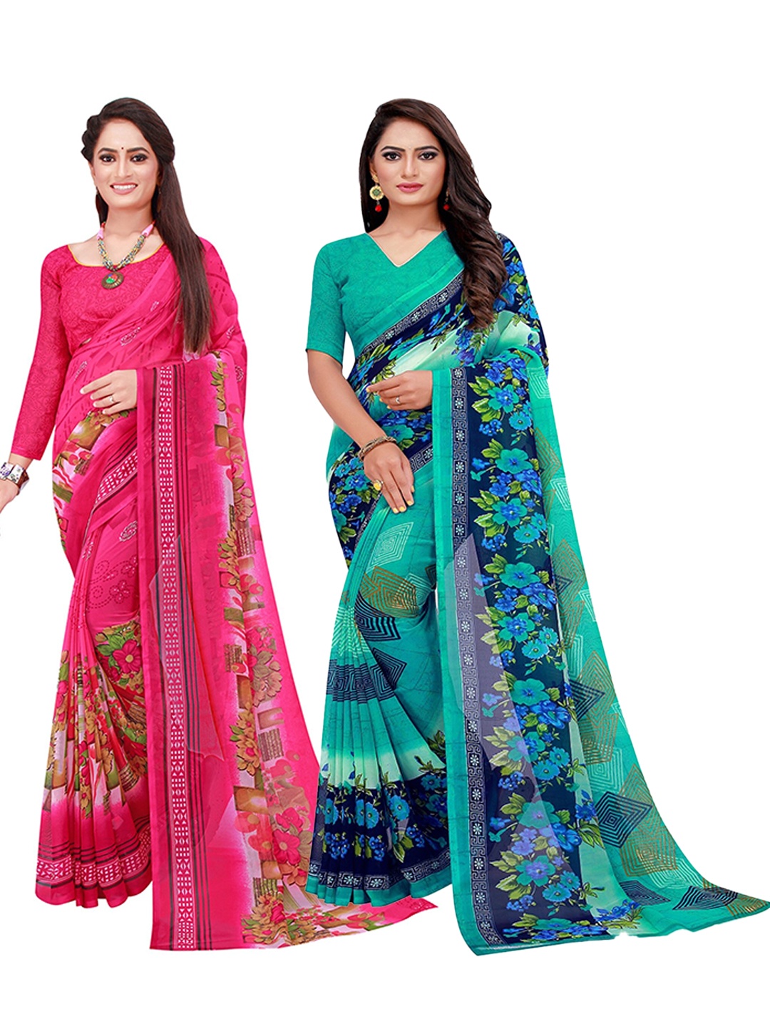 

KALINI Pack Of 2 Turquoise Blue & Magenta Floral Pure Georgette Saree