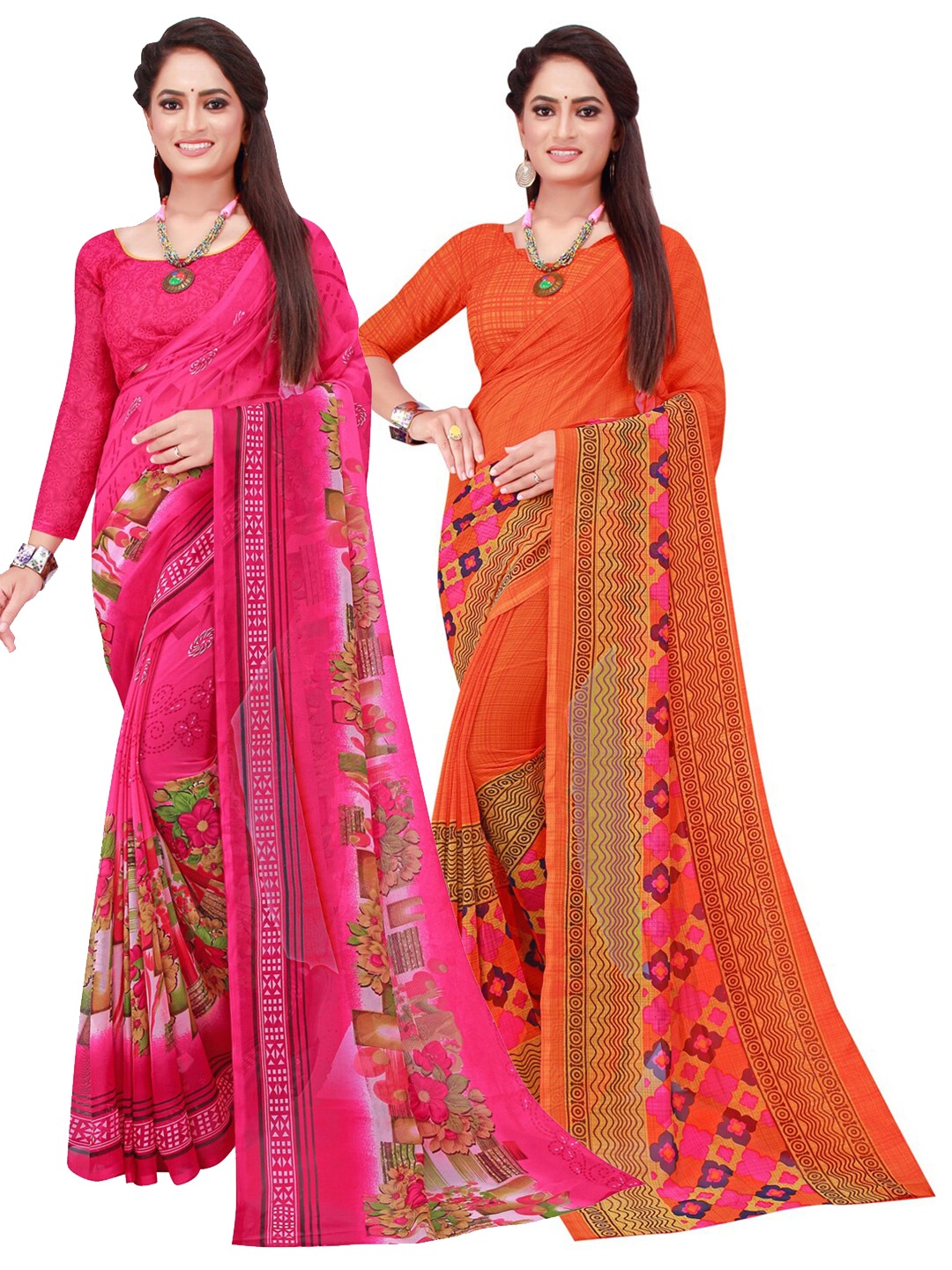 

KALINI Pack Of 2 Pink & Orange Georgette Saree