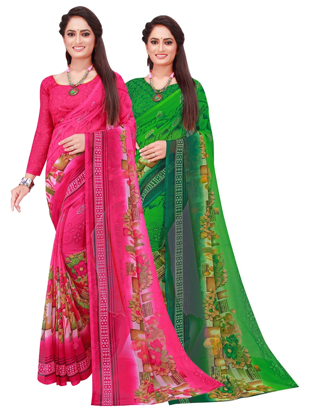 

KALINI Pack of 2 Pink & Green Printed Pure Georgette Saree