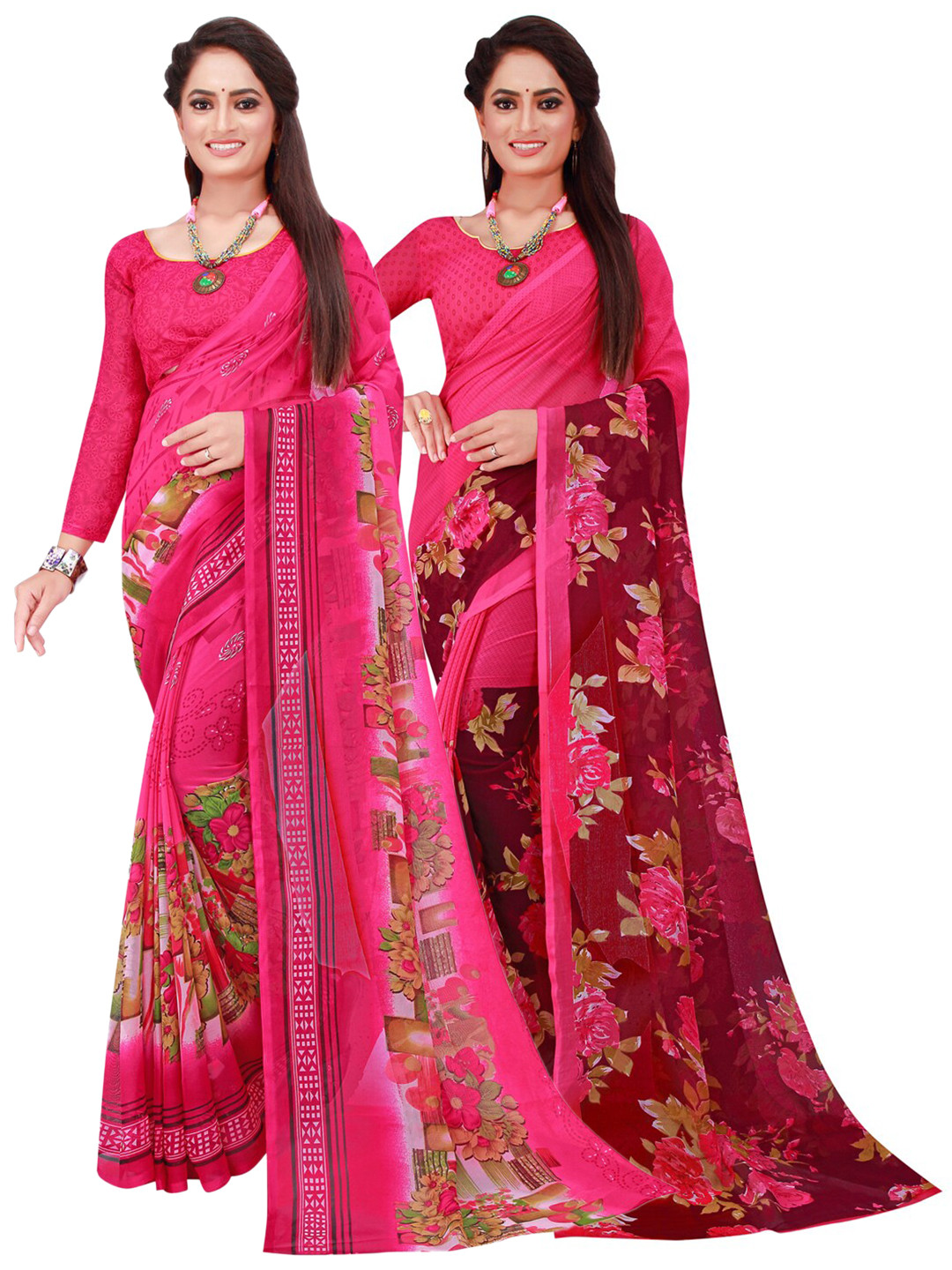 

KALINI Pack of 2 Floral Pure Georgette Sarees, Pink