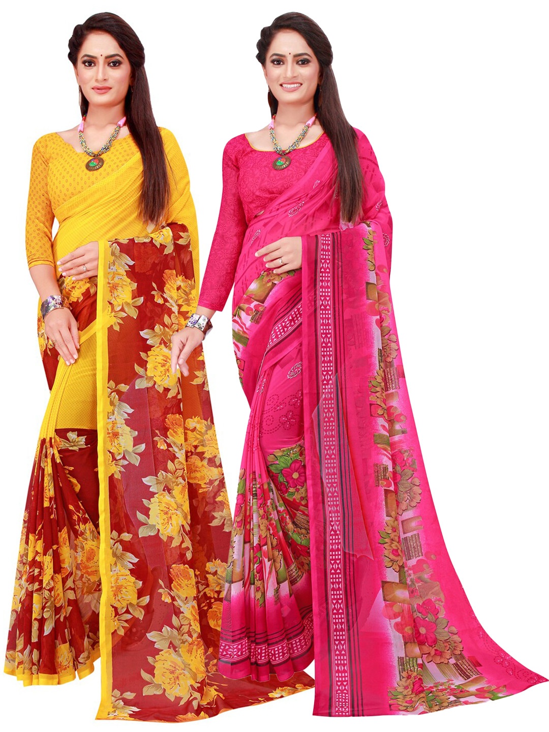 

KALINI Pink & Yellow Set of 2 Pure Georgette Saree