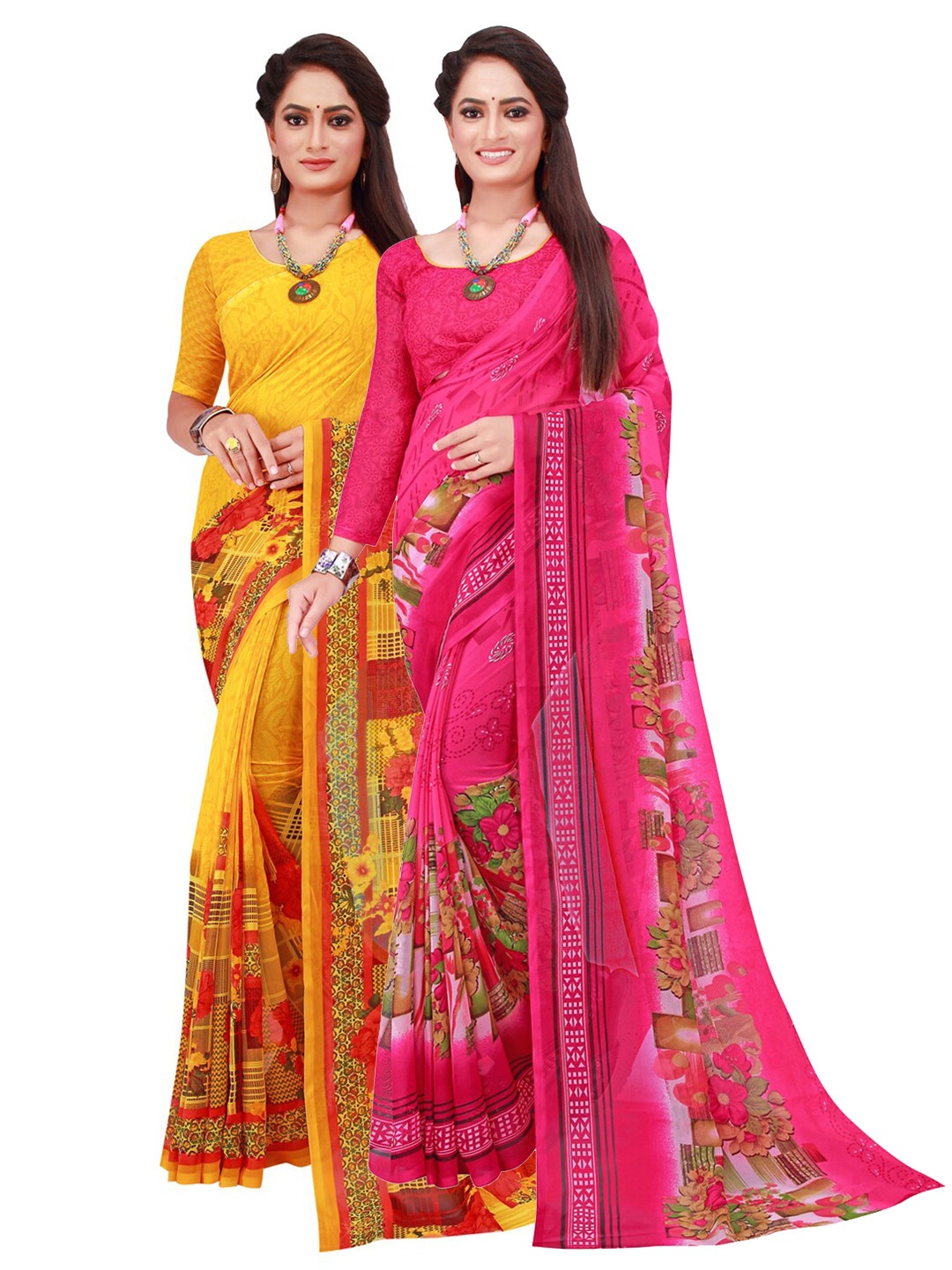

KALINI Pack Of 2 Pink & Yellow Floral Pure Georgette Saree