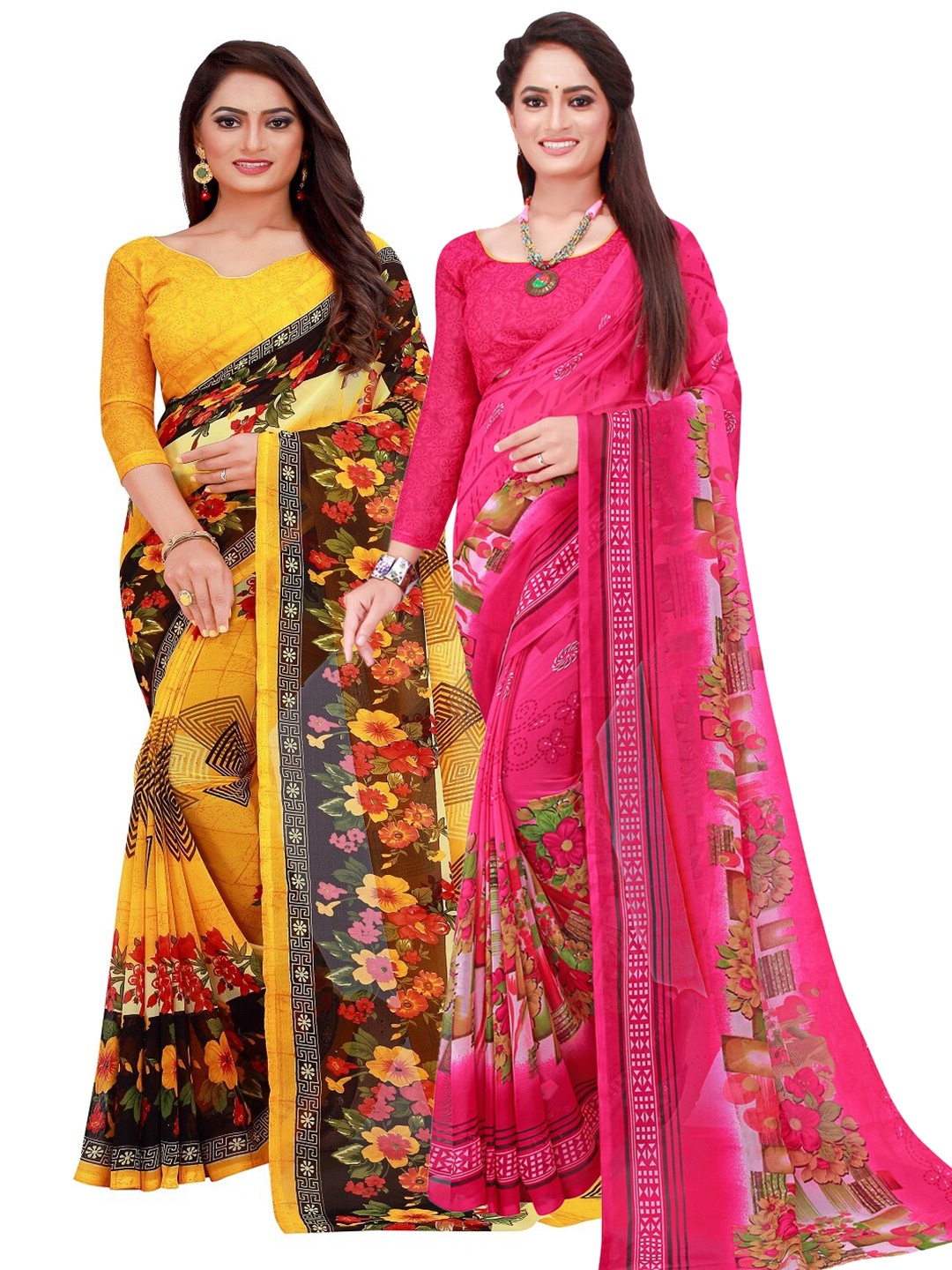 

KALINI Pack Of 2 Yellow & Magenta Floral Georgette Saree
