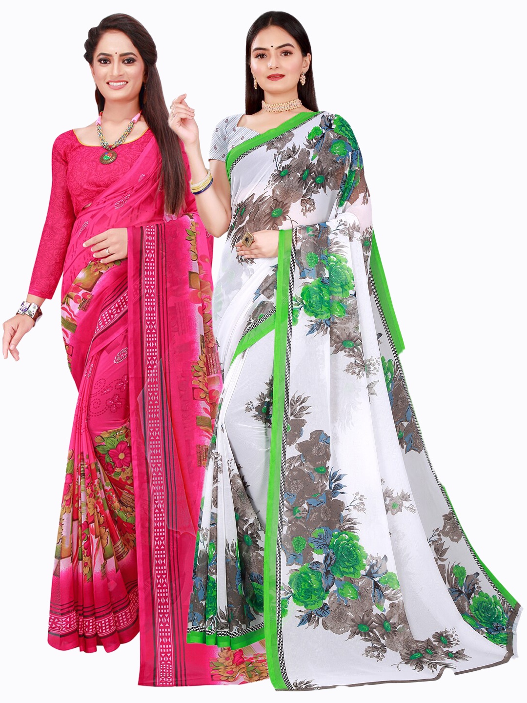 

KALINI Pink & White Set of 2 Pure Georgette Saree