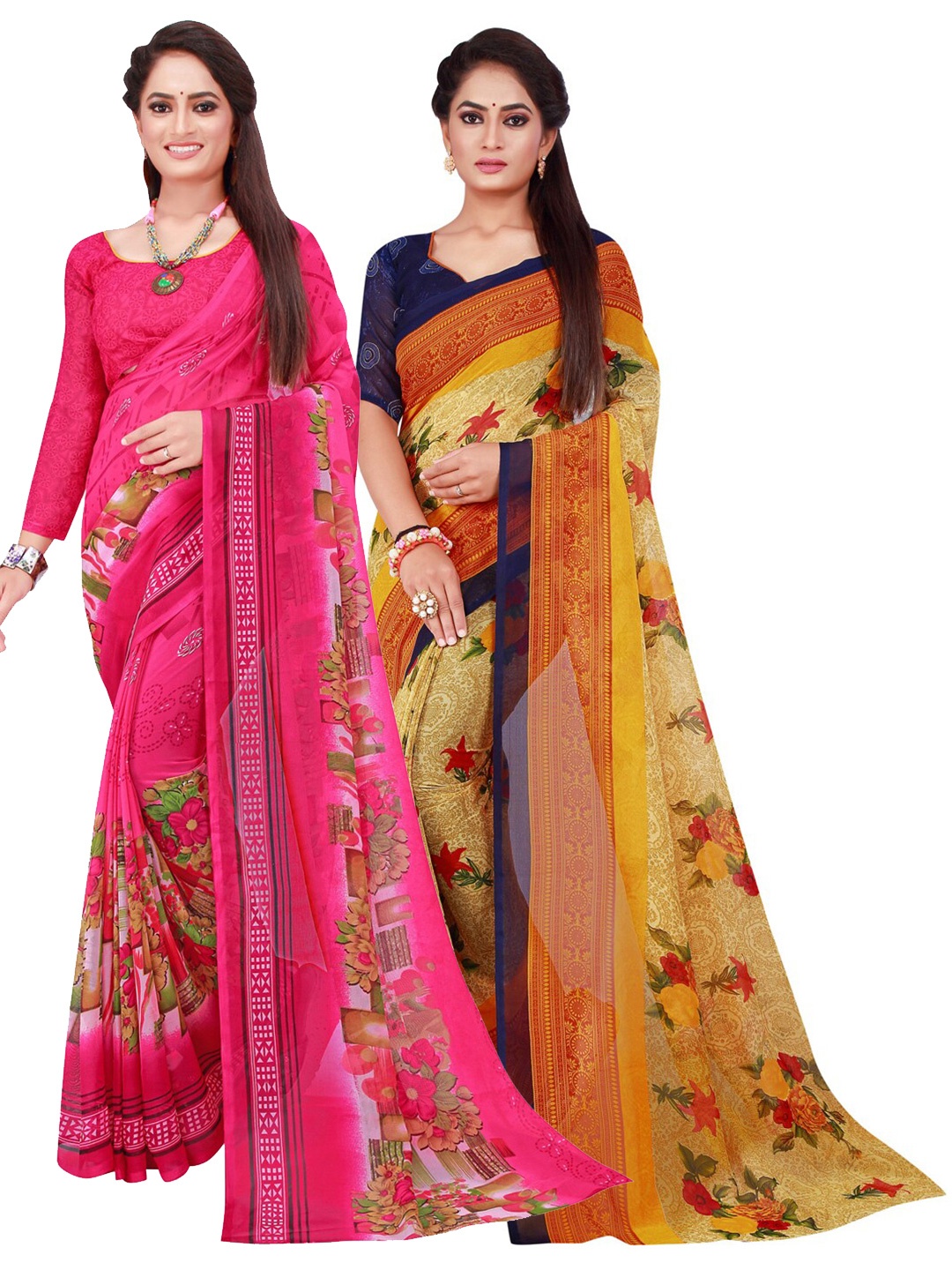 

KALINI Pack Of 2 Pink & Yellow Floral Pure Georgette Saree