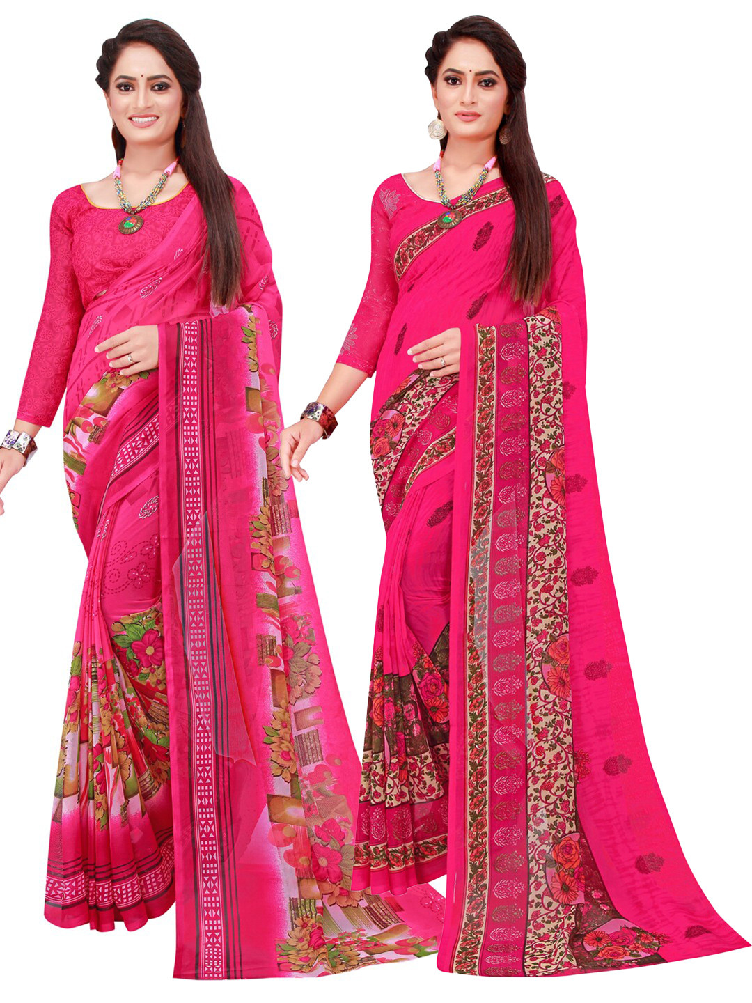 

KALINI Pack of 2 Floral Pure Georgette Sarees, Pink