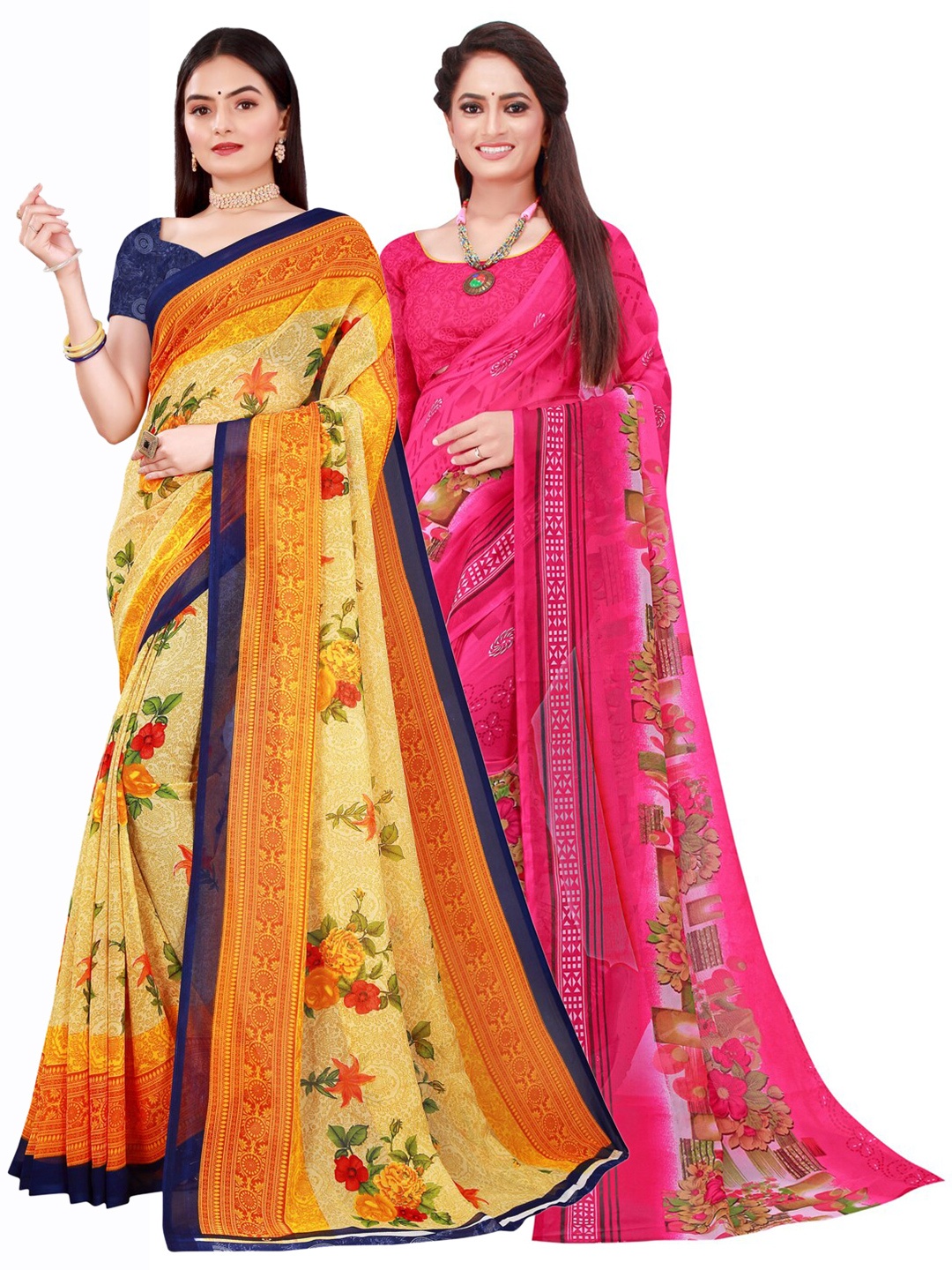 

KALINI Pack of 2 Pink & Orange Printed Pure Georgette Saree