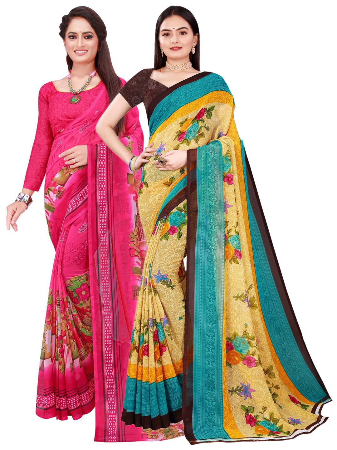 

KALINI Pack of 2 Floral Pure Georgette Sarees, Pink