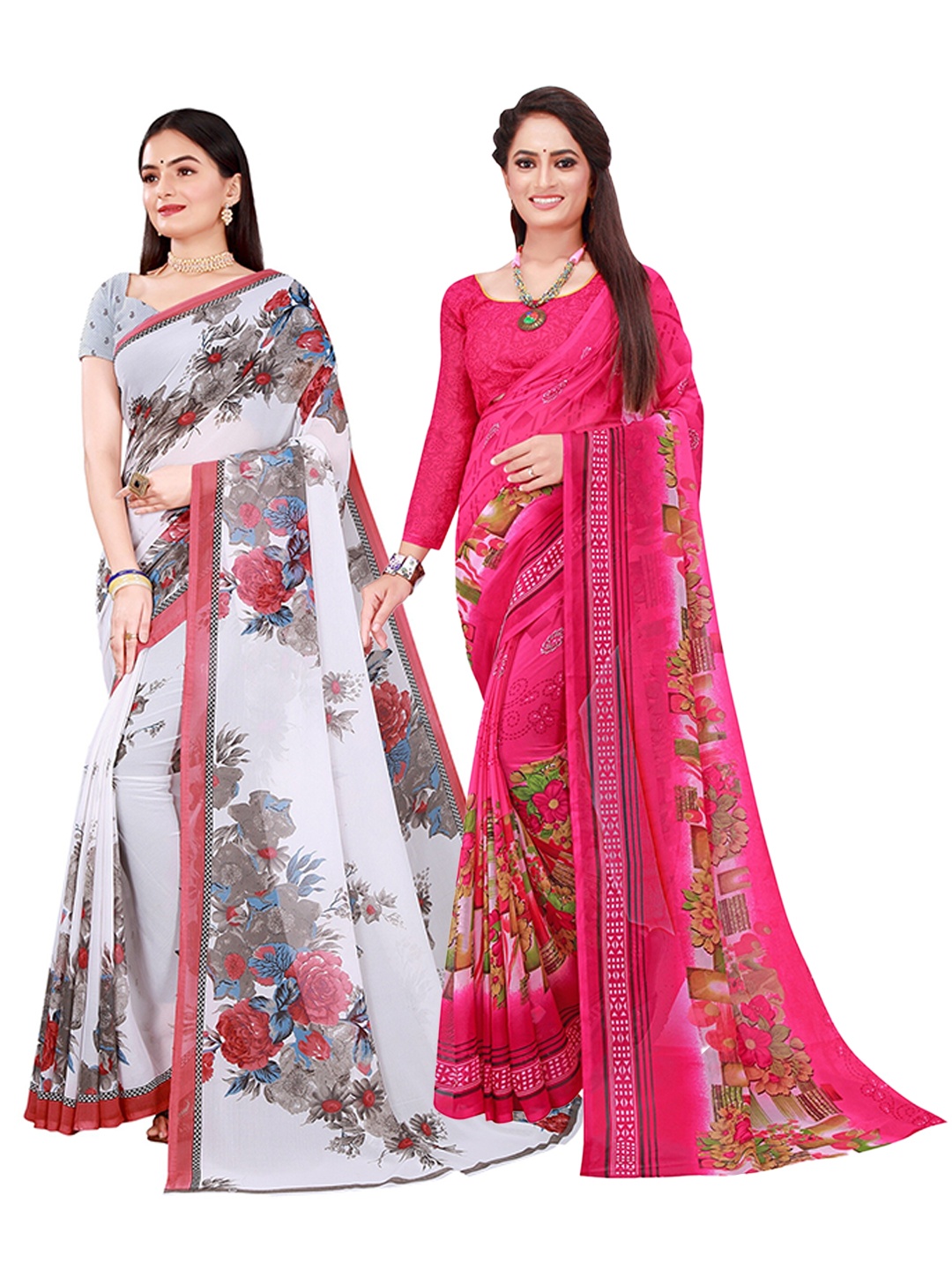

KALINI Pack Of 2 Pink & White Floral Pure Georgette Saree