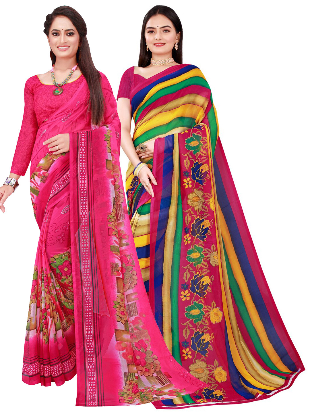 

KALINI Pack of 2 Pink & Yellow Printed Pure Georgette Saree