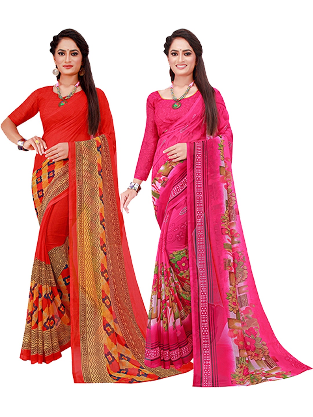 

KALINI Pack Of 2 Pink & Red Georgette Saree