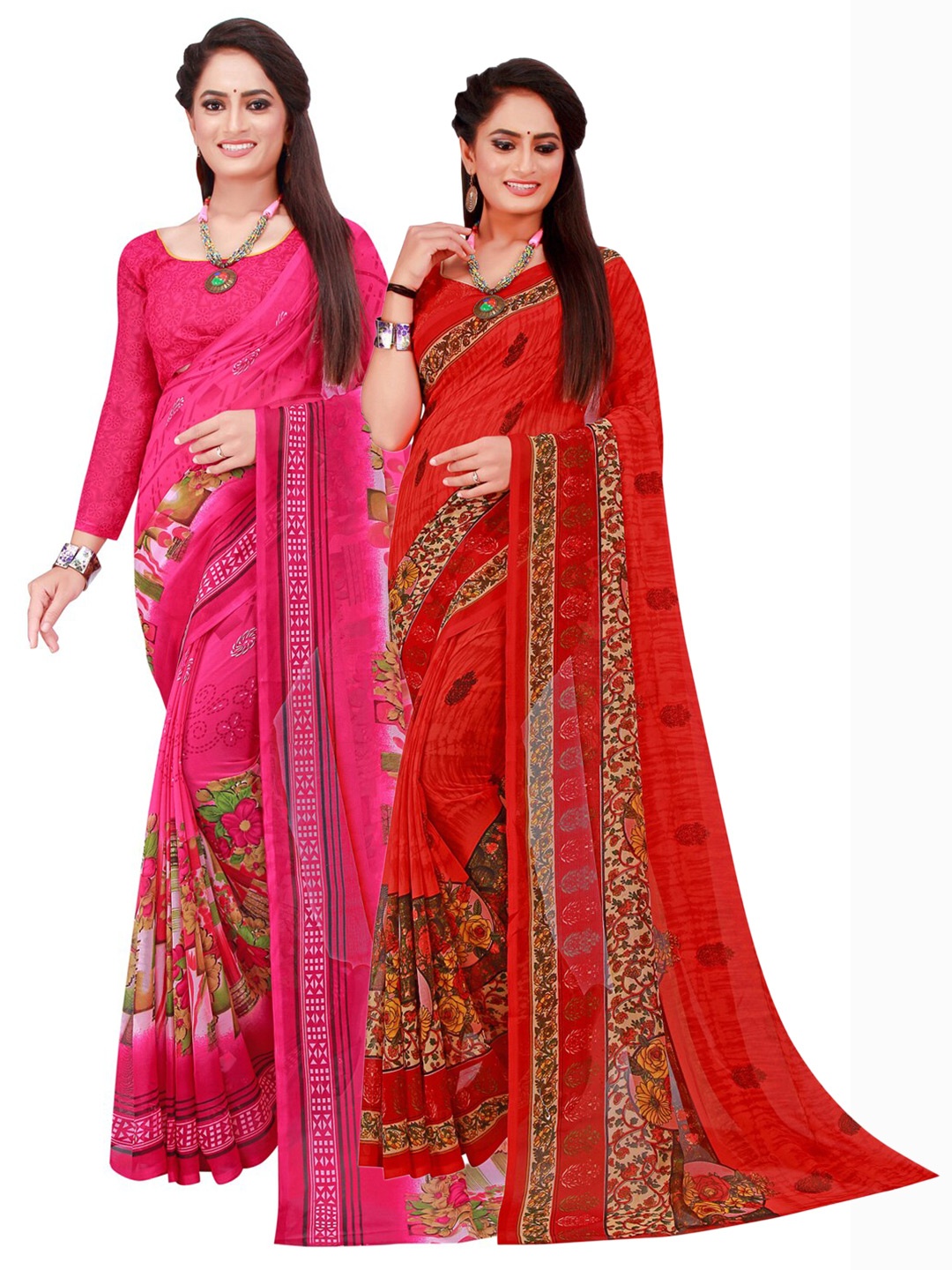 

KALINI Pack Of 2 Pink & Red Floral Pure Georgette Saree