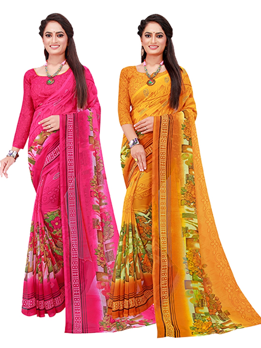 

KALINI Pack of 2 Pink & Yellow Printed Pure Georgette Saree