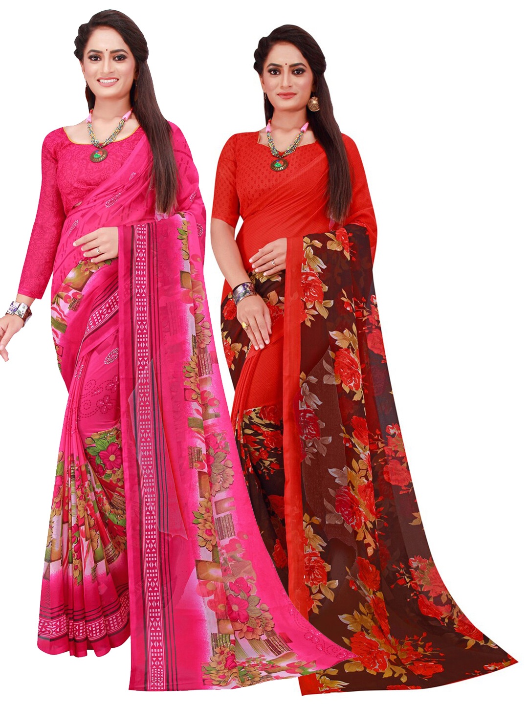 

KALINI Pink & Red Set of 2 Pure Georgette Saree