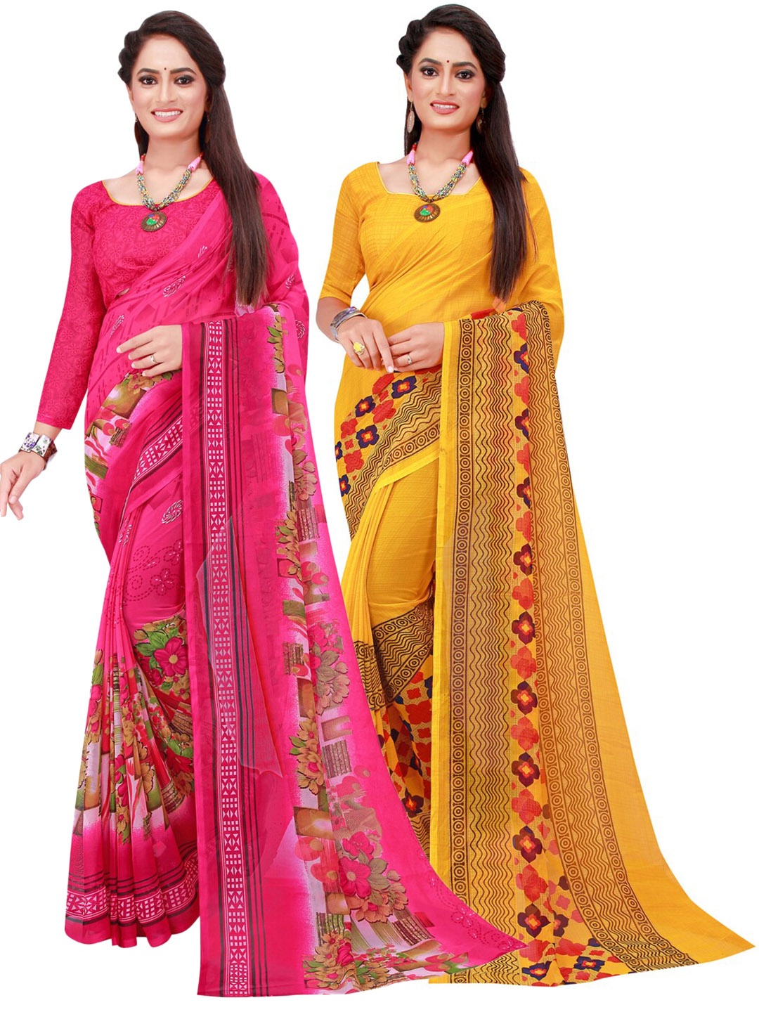 

KALINI Pack of 2 Floral Pure Georgette Sarees, Pink