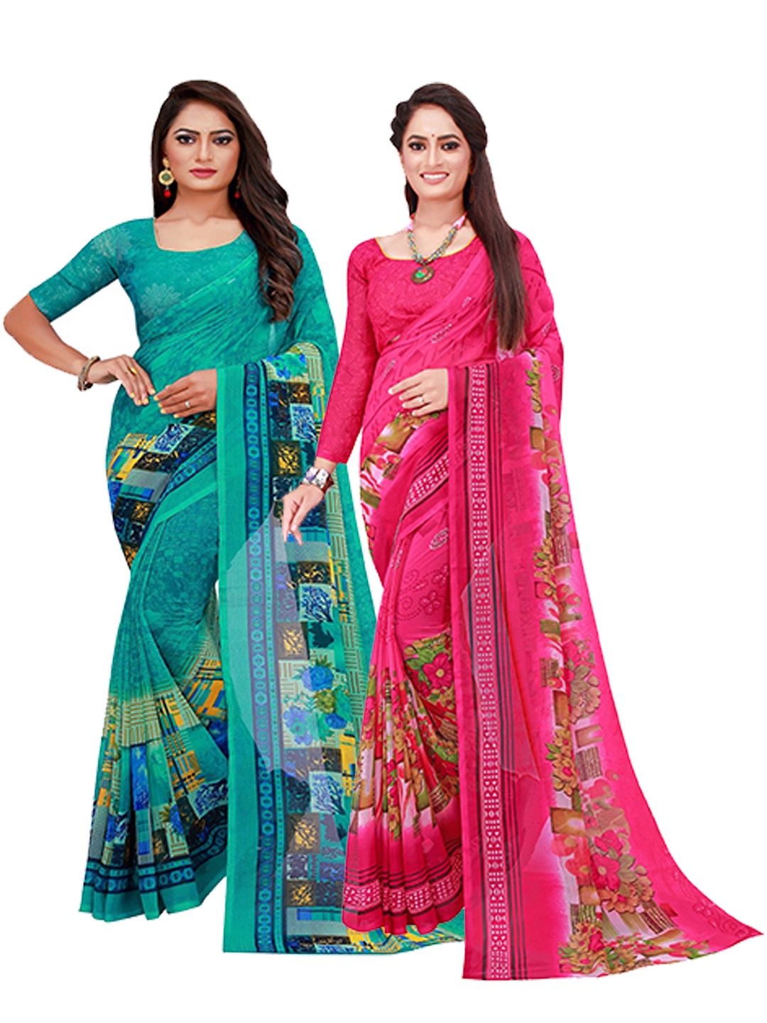 

KALINI Pack of 2 Turquoise Blue & Magenta Printed Pure Georgette Saree