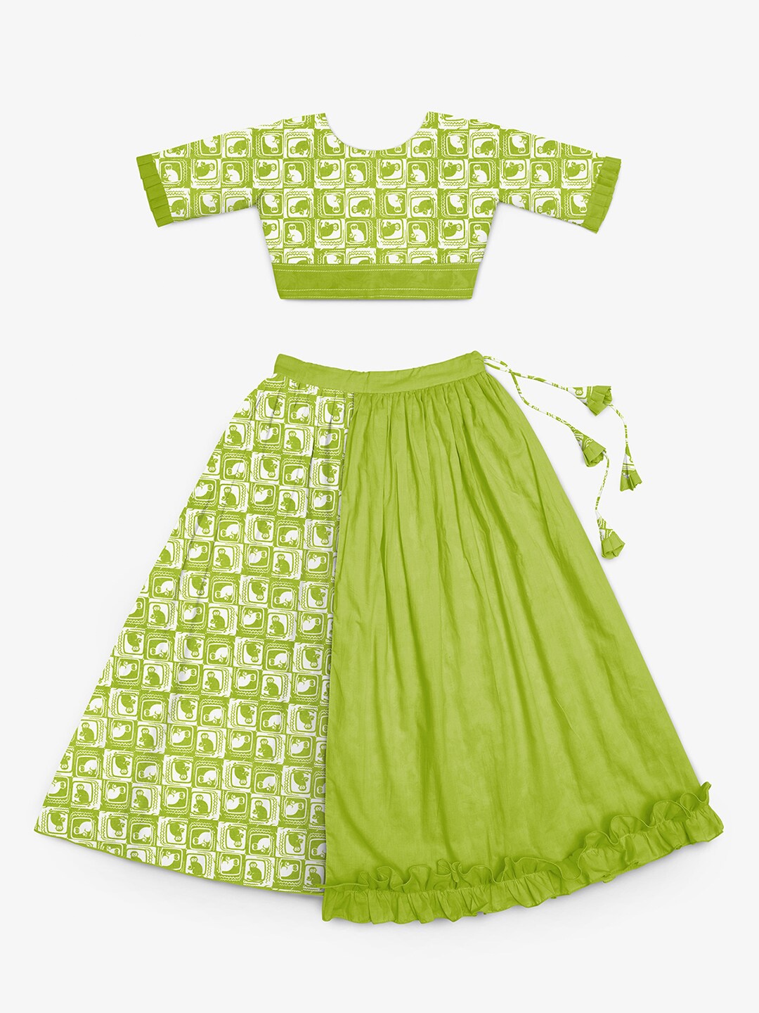 

STORY TAILOR Girls Green & White Printed Cotton Ready to Wear Lehenga