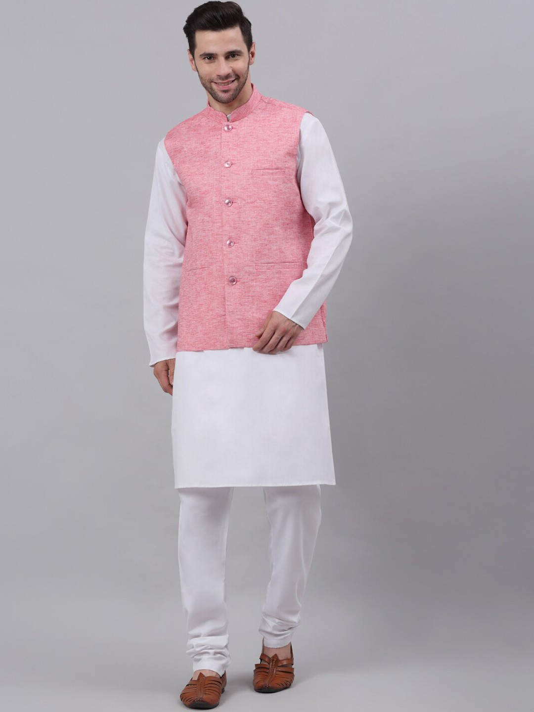 

NEUDIS Men Pink & White Cotton Solid Nehru Jacket & Kurta Set