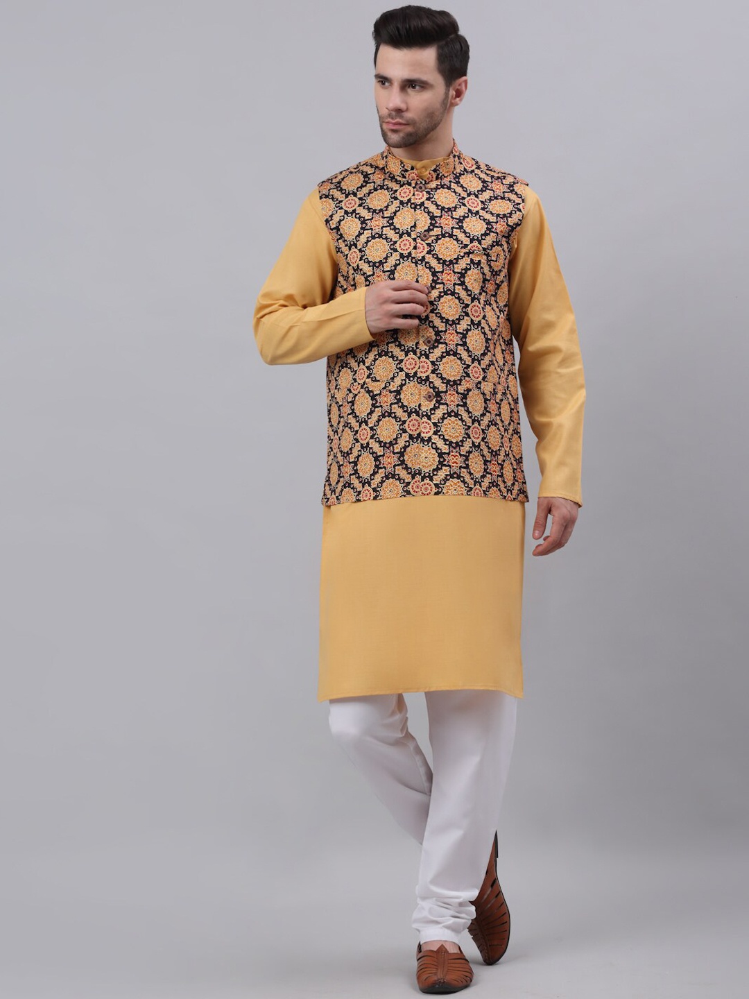 

NEUDIS Men Black Cotton Printed Nehru Jacket & Yellow Kurta Set