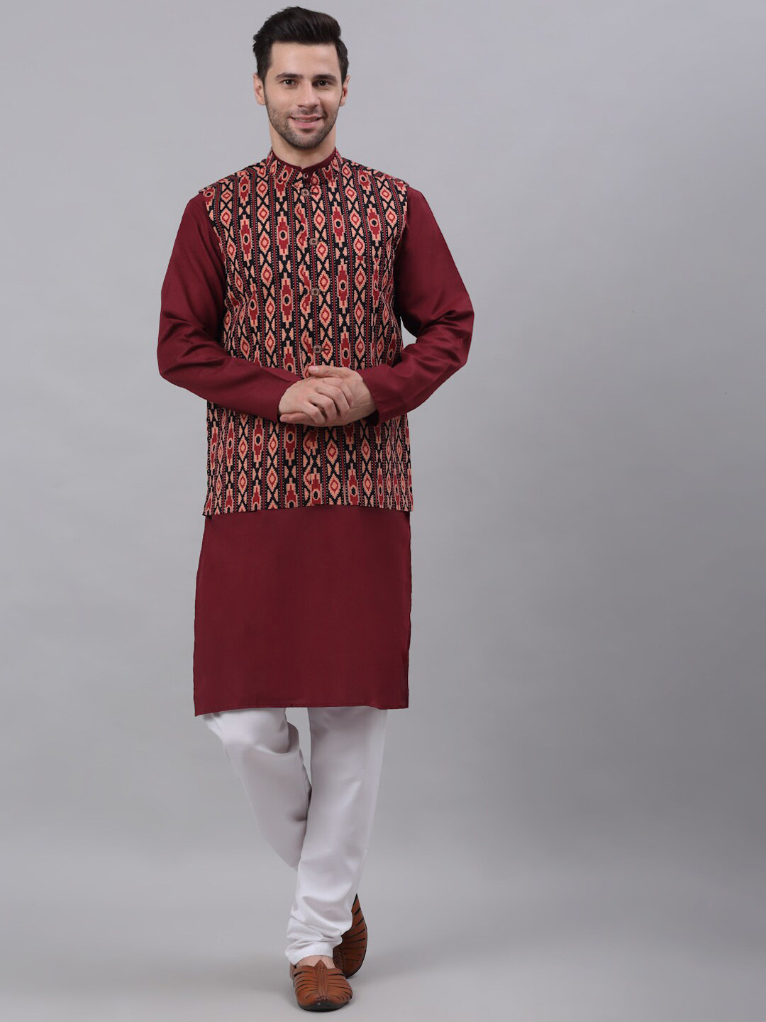 

NEUDIS Men Maroon Cotton Printed Nehru Jacket Kurta Set