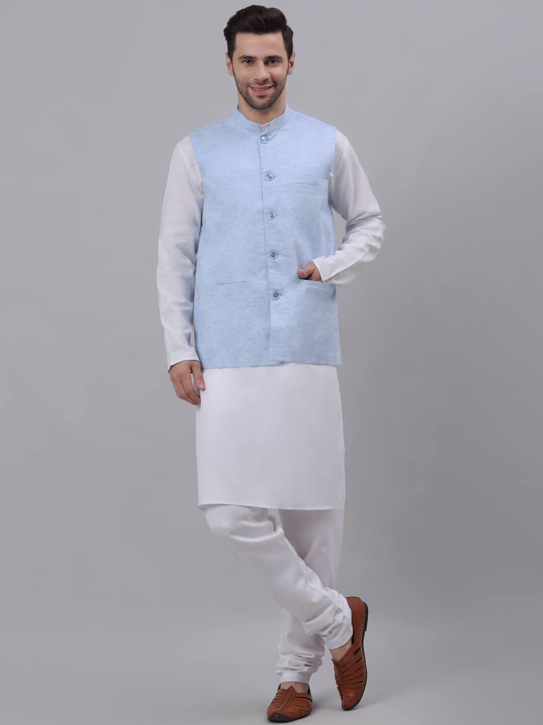 

NEUDIS Men Blue Cotton Solid Nehru Jacket & White Kurta Set