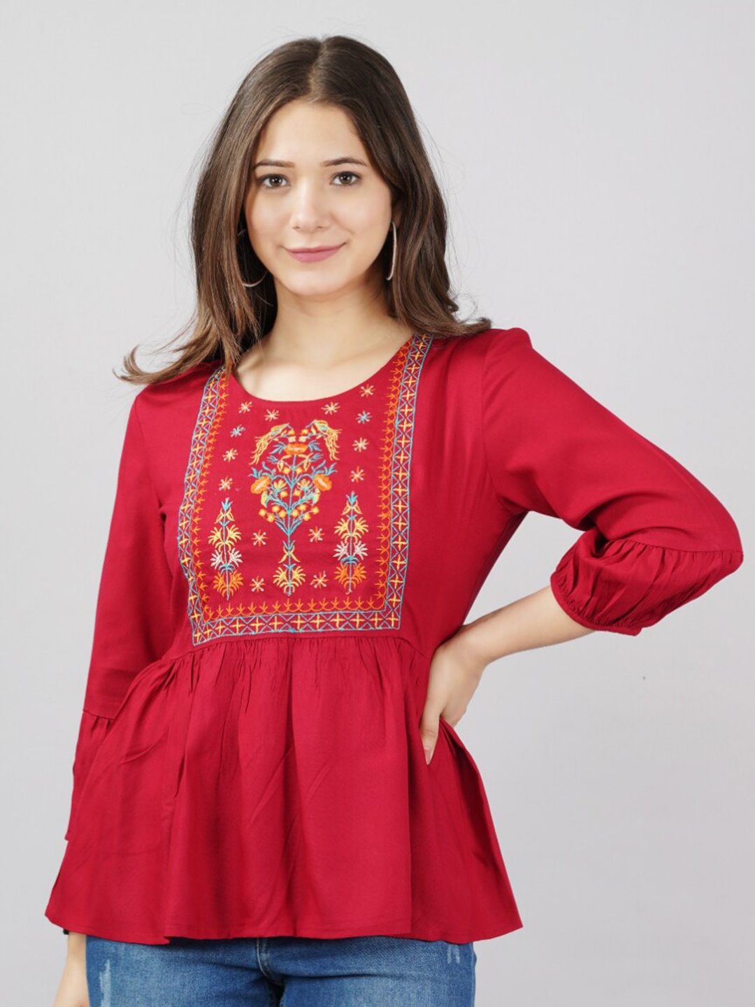 

KALINI Red Embroidered Tie-Up Neck Top
