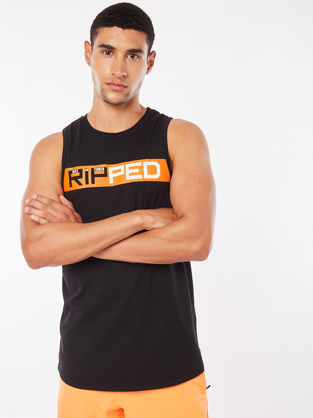 

Bewakoof X Play Men Black Printed Ripped Athleisure Deep Armhole Vest