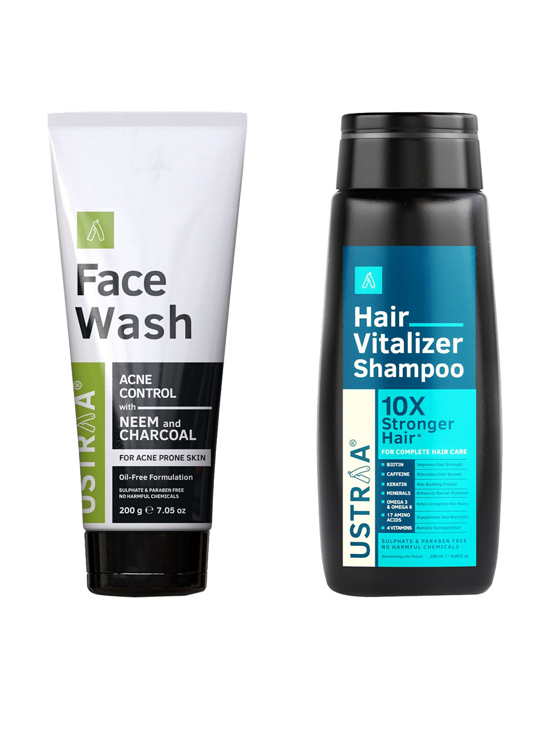 

Ustraa Men Set of Acne-Control Neem & Charcoal Face Wash & Hair Vitalizer Shampoo, White