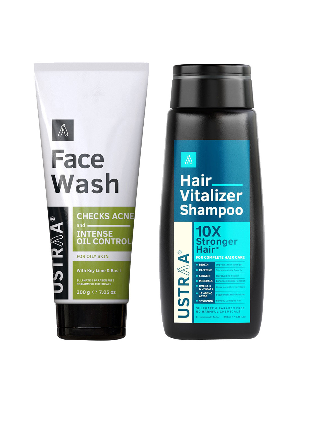 

Ustraa Men Set of Cheek Acne Intense Oil Control Face Wash & Hair Vitalizer Shampoo, White