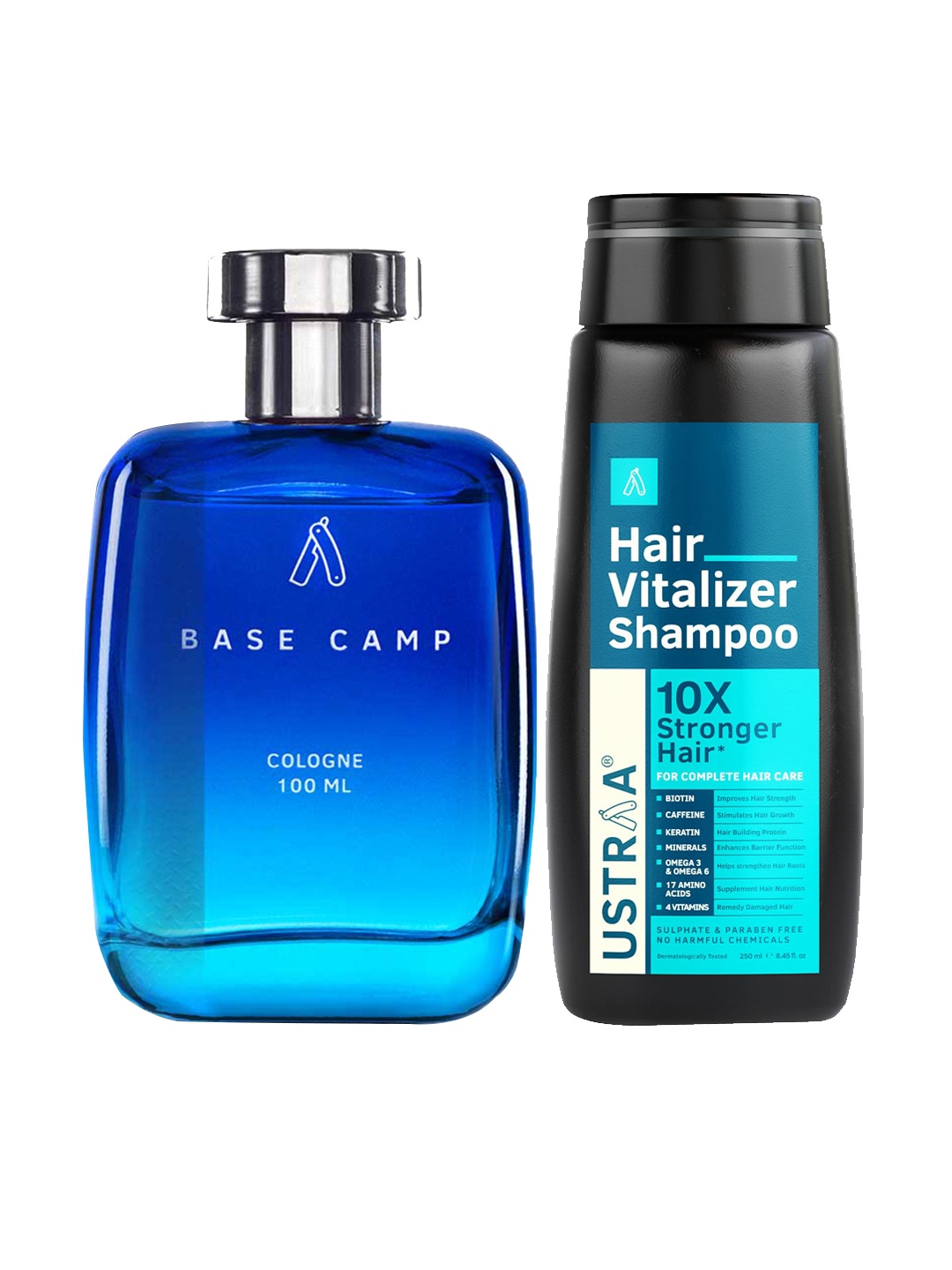 

Ustraa Men Set of 10x Stronger Hair Vitalizer Shampoo 250 ml & Base Camp Cologne 100 ml, Blue