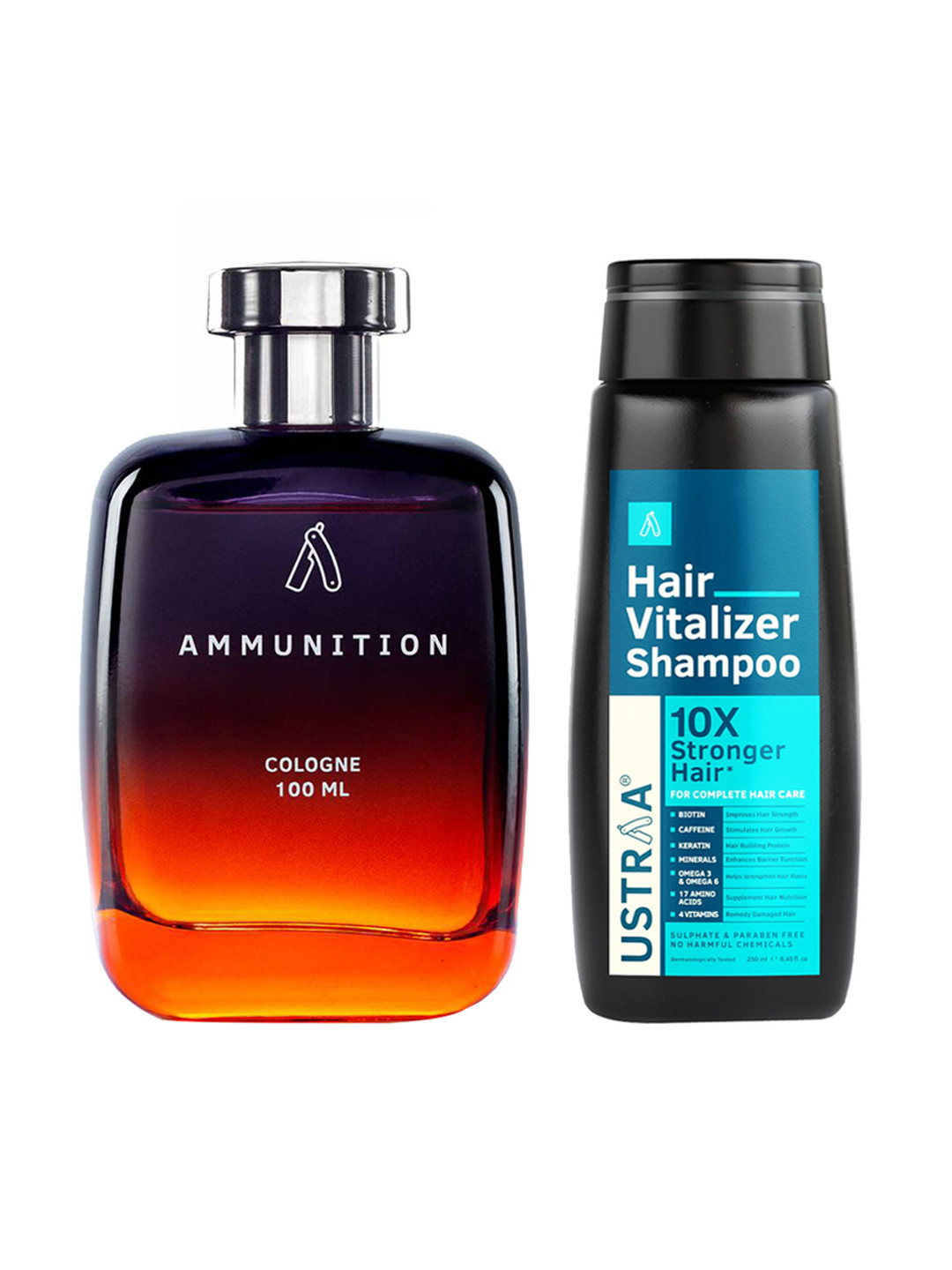 

Ustraa Men Set of Ammunition Cologne 100 ml & 10x Stronger Hair Vitalizer Shampoo 250 ml, Brown